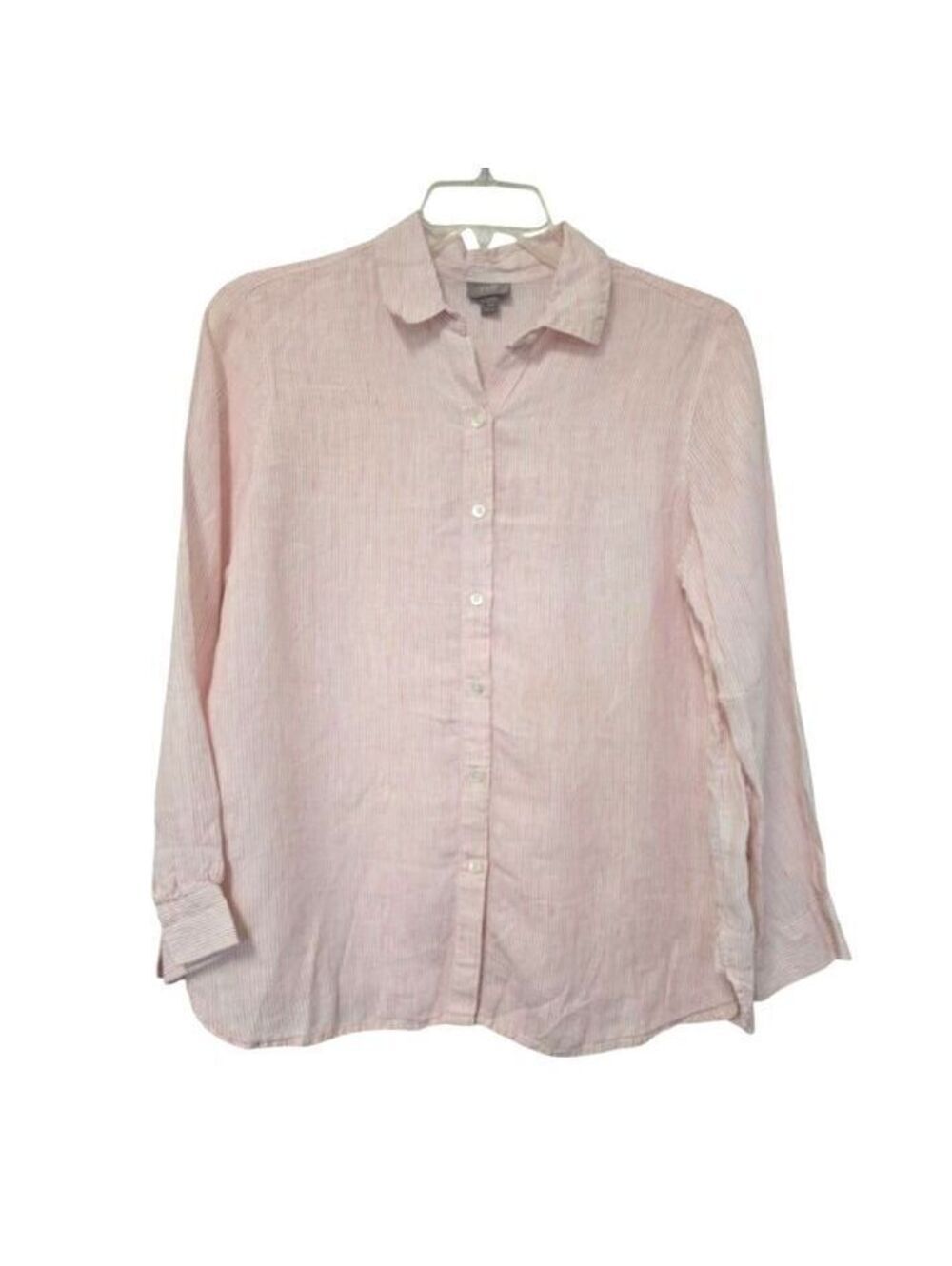 J Jill Womens Linen Blouse Top Button Up Striped Linen Pink red White Size Med